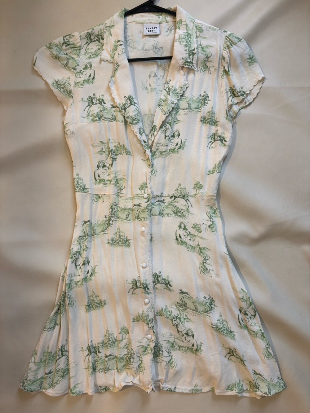 Sunday Best White Horse Equine MiniDress with Green Toile Print and Button Front